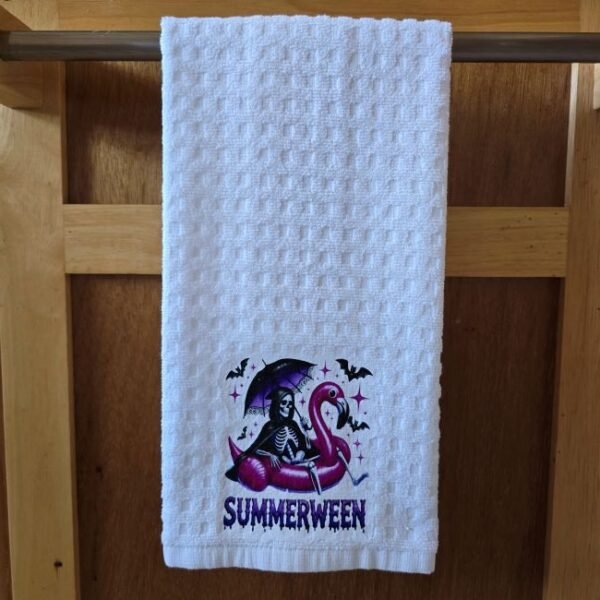 Summerween Skeleton Flamingo Raft Terry Cloth Dish Towel