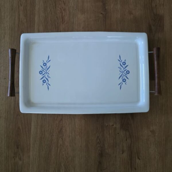 Vintage CorningWare Blue Cornflower Broil-Bake Tray w/Wood Handles